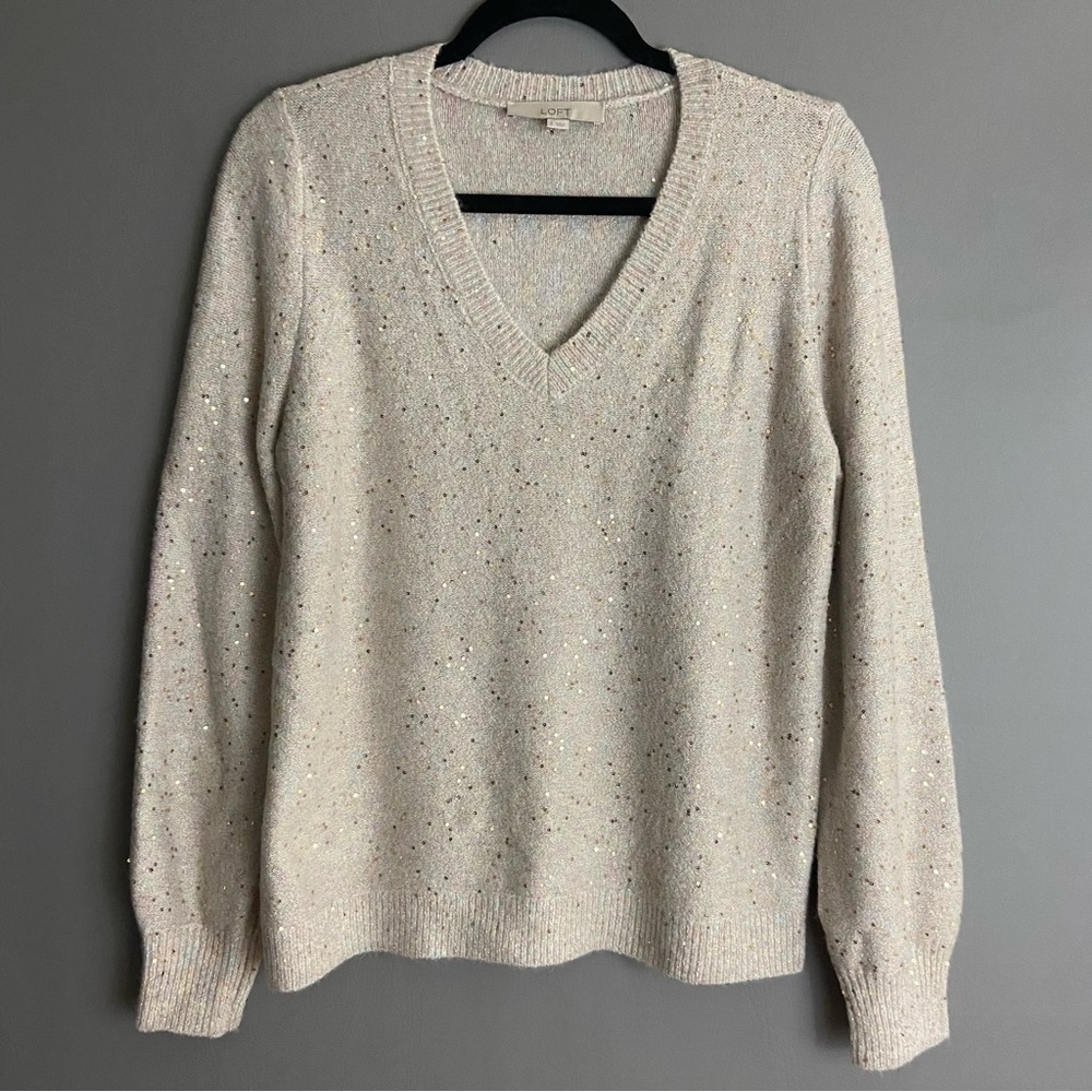 Loft Cream/ Gold Sequin V Neck Puff Shoulder Knit Sweater- Size Small